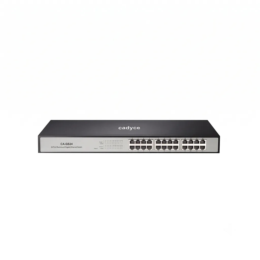 Front view of Cadyce CA-GS24 24-Port Gigabit Ethernet Switch with 24 Gigabit LAN ports, LED status indicators, and 48Gbps switching capacity.