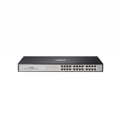 Front view of Cadyce CA-GS24 24-Port Gigabit Ethernet Switch with 24 Gigabit LAN ports, LED status indicators, and 48Gbps switching capacity.