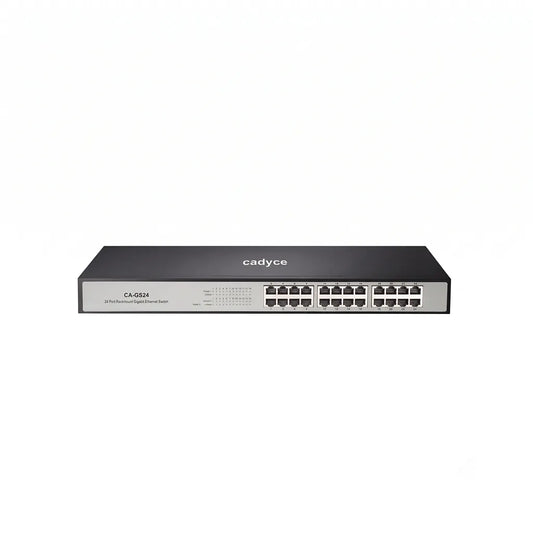 Front view of Cadyce CA-GS24 24-Port Gigabit Ethernet Switch with 24 Gigabit LAN ports, LED status indicators, and 48Gbps switching capacity.