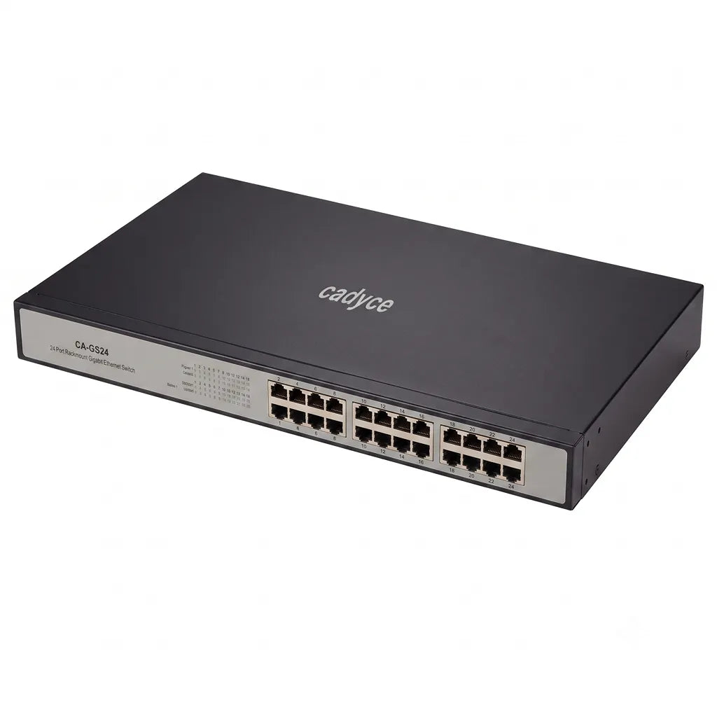 Perspective view of Cadyce CA-GS24 24-Port Gigabit Ethernet Switch featuring 24 RJ45 Gigabit Ethernet ports and durable rackmount design.