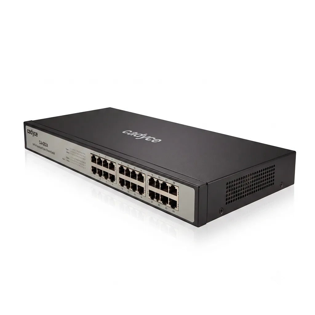 Angled rackmount view of Cadyce CA-GS24 unmanaged 24-Port Gigabit Ethernet Switch with metal chassis and high-performance 48Gbps switching capacity.