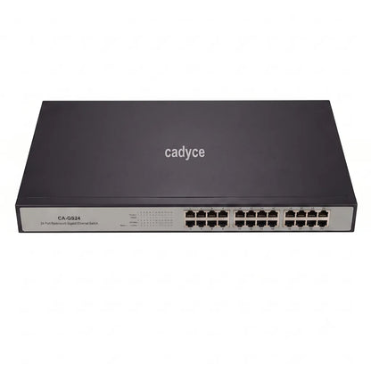 Top front view of Cadyce CA-GS24 24-Port Gigabit Ethernet Switch designed for rackmount network installations with 48Gbps switching capacity.