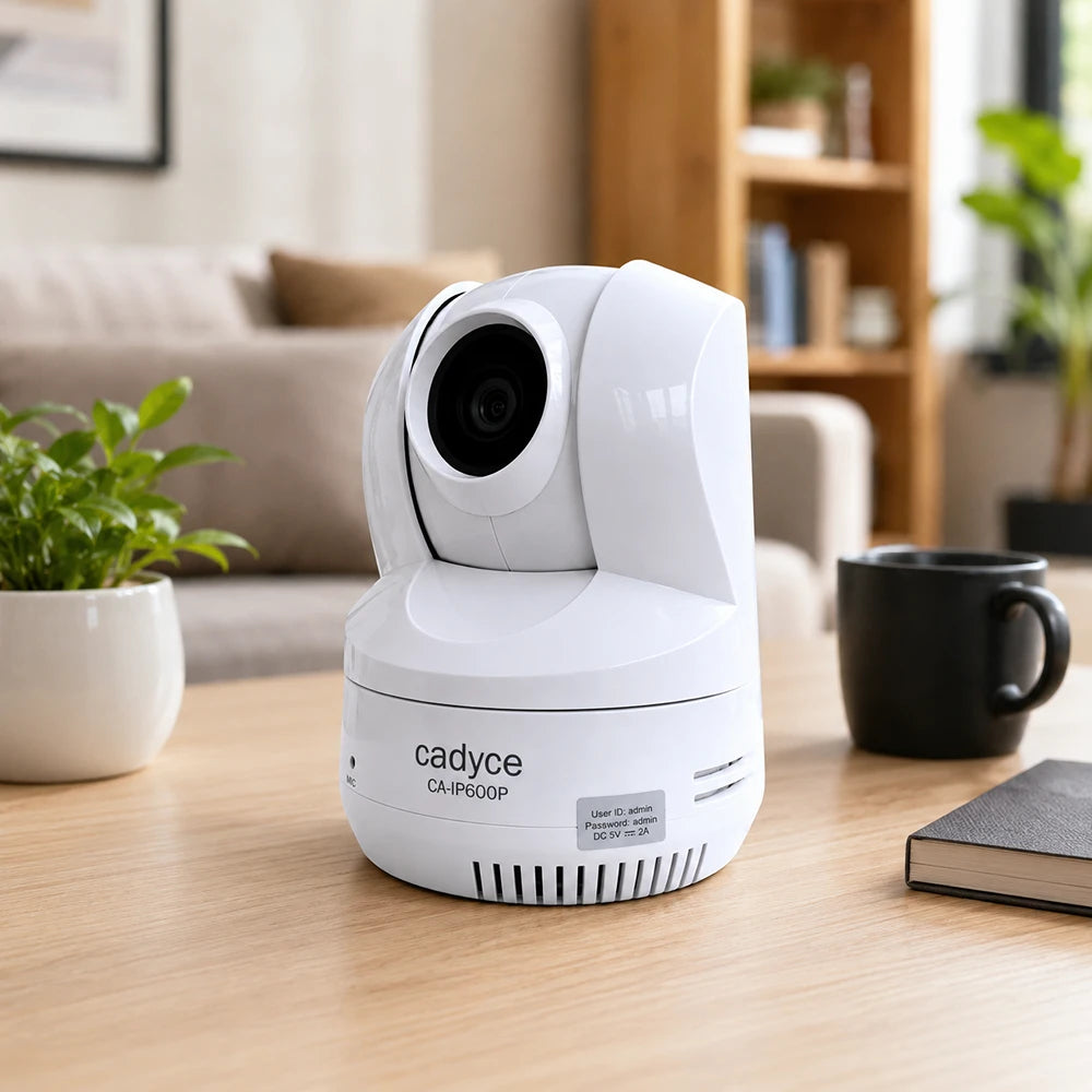 Cadyce CA-IP600P PoE PTZ Day/Night Internet Camera with 2-Way Audio placed in a modern home office environment -tpstech.in