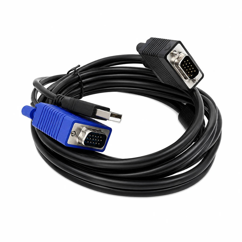 Angled view of Cadyce CA-KC180 1.8M USB KVM Cable with VGA (HDB 15-Pin) and USB Type-A Connectors on white background -tpstech.in