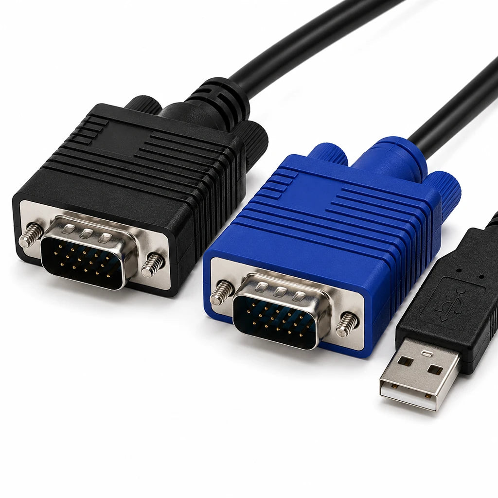 Angled view of Cadyce CA-KC300 3M USB KVM Cable with VGA HDB 15-Pin and USB Type-A Connectors on white background -tpstech.in