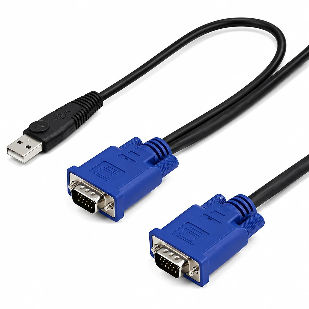 Close-up of VGA HDB 15-Pin and USB Type-A connectors on Cadyce CA-KC300 3M USB KVM Cable -tpstech.in