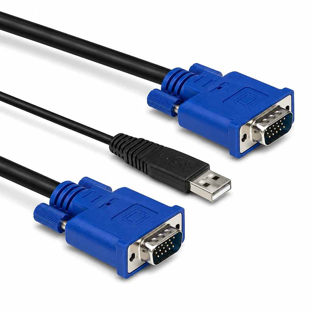 Cadyce CA-KC300 3M USB KVM Cable with VGA HDB 15-Pin and USB Type-A connectors laid out on white background -tpstech.in