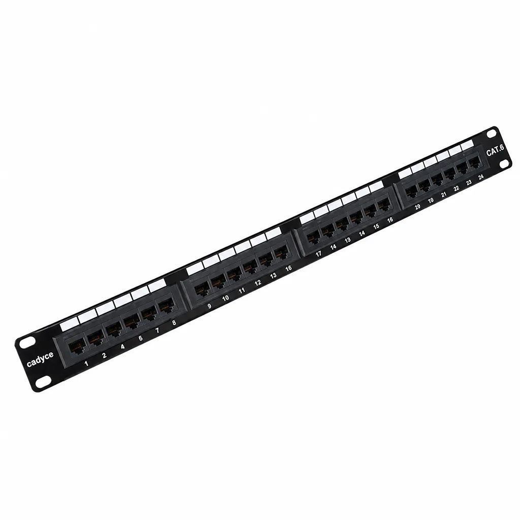 Cadyce CA-PC624 24-Port CAT6 Patch Panel compatible with CAT5/CAT6 shown in an angled front view for structured network rack installations -tpstech.in