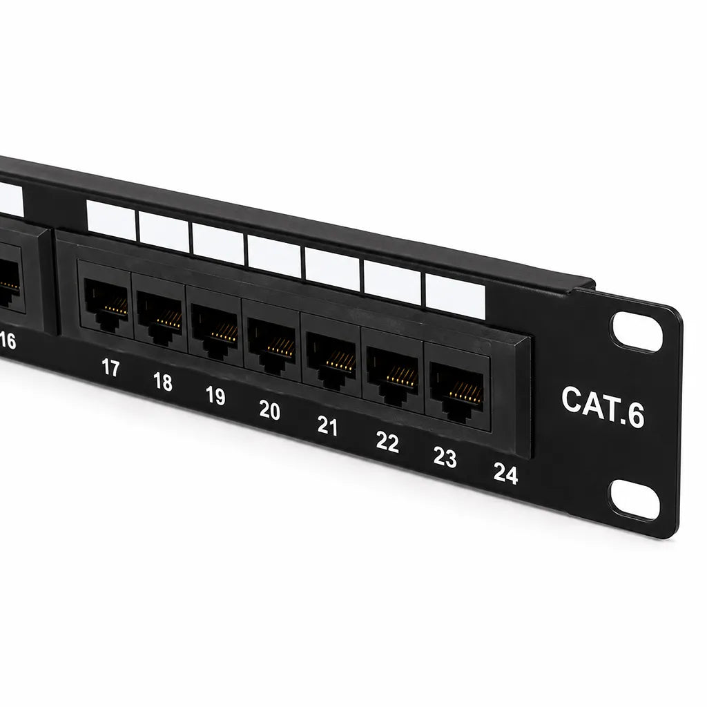 Close-up of Cadyce CA-PC624 24-Port CAT6 Patch Panel highlighting RJ45 ports and CAT6 labeling compatible with CAT5/CAT6 networks -tpstech.in