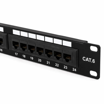 Close-up of Cadyce CA-PC624 24-Port CAT6 Patch Panel highlighting RJ45 ports and CAT6 labeling compatible with CAT5/CAT6 networks -tpstech.in