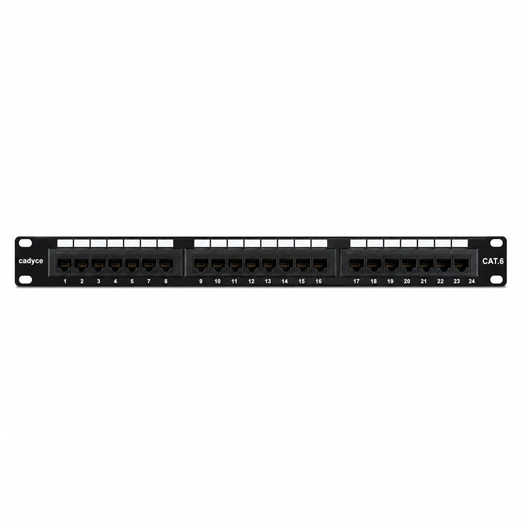 Front view of Cadyce CA-PC624 24-Port CAT6 Patch Panel compatible with CAT5/CAT6 featuring 24 RJ45 ports for high-speed network cabling -tpstech.in