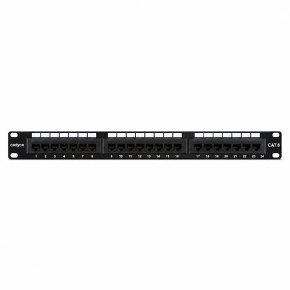 Front view of Cadyce CA-PC624 24-Port CAT6 Patch Panel compatible with CAT5/CAT6 featuring 24 RJ45 ports for high-speed network cabling -tpstech.in