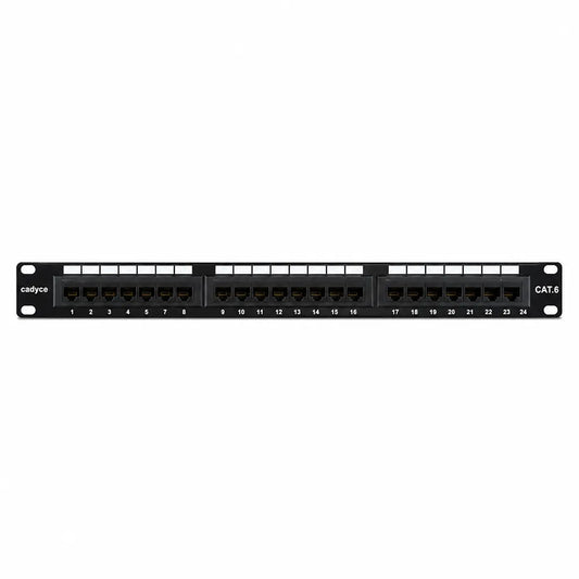 Front view of Cadyce CA-PC624 24-Port CAT6 Patch Panel compatible with CAT5/CAT6 featuring 24 RJ45 ports for high-speed network cabling -tpstech.in