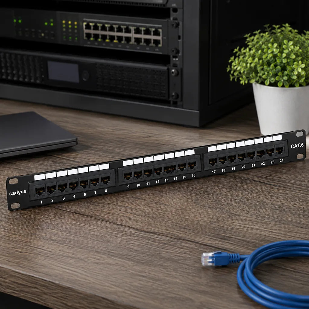 Cadyce CA-PC624 24-Port CAT6 Patch Panel placed in a professional network rack environment compatible with CAT5/CAT6 for enterprise cabling solutions -tpstech.in
