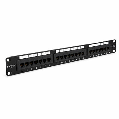 Side profile view of Cadyce CA-PC624 24-Port CAT6 Patch Panel compatible with CAT5/CAT6 featuring durable rack-mount construction and 24 RJ45 ports -tpstech.in
