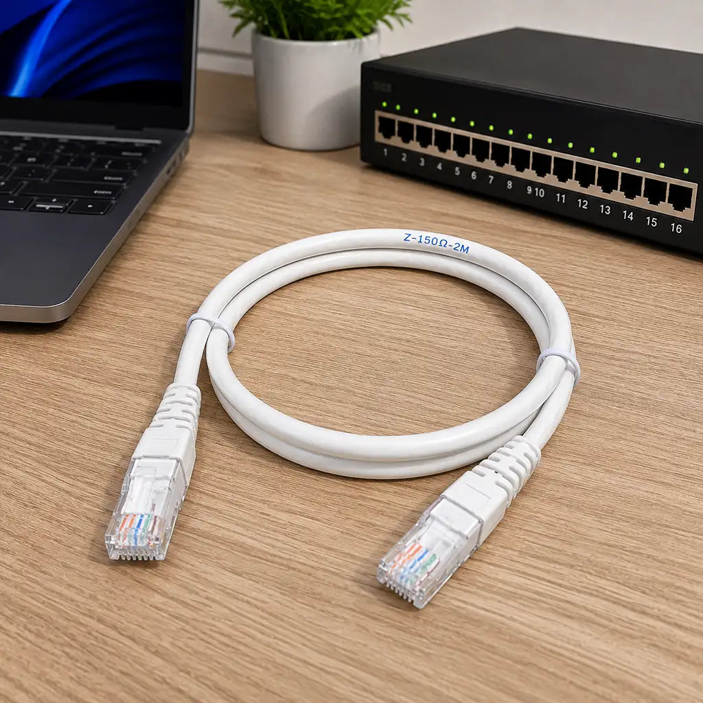Cadyce CA-PC62M CAT6 UTP Patch Cord 2M 24 AWG Pure Copper Ethernet cable placed in a professional networking workspace with laptop and network switch -tpstech.in