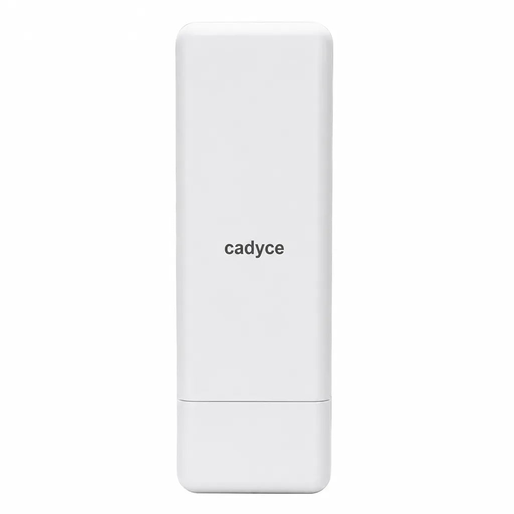 Front view of Cadyce CA-RAPO150 150Mbps Wireless N Outdoor AP Router with PoE and 12dBi Antenna on white background.