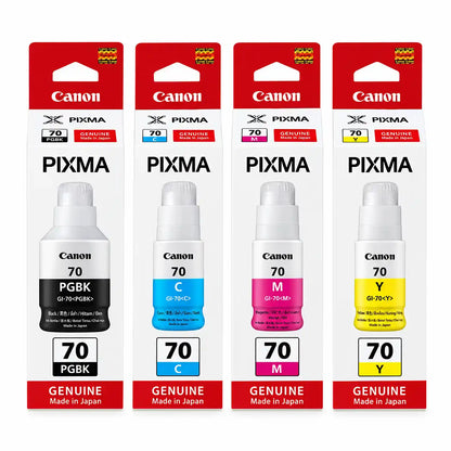 Front View of Canon GI-70 Genuine CMYK Ink Bottles Retail Packaging Boxes Set -tpstech.in
