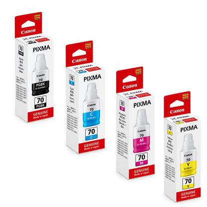 Perspective Angle View of Canon GI-70 CMYK Original Ink Bottles Retail Packaging Boxes -tpstech.in