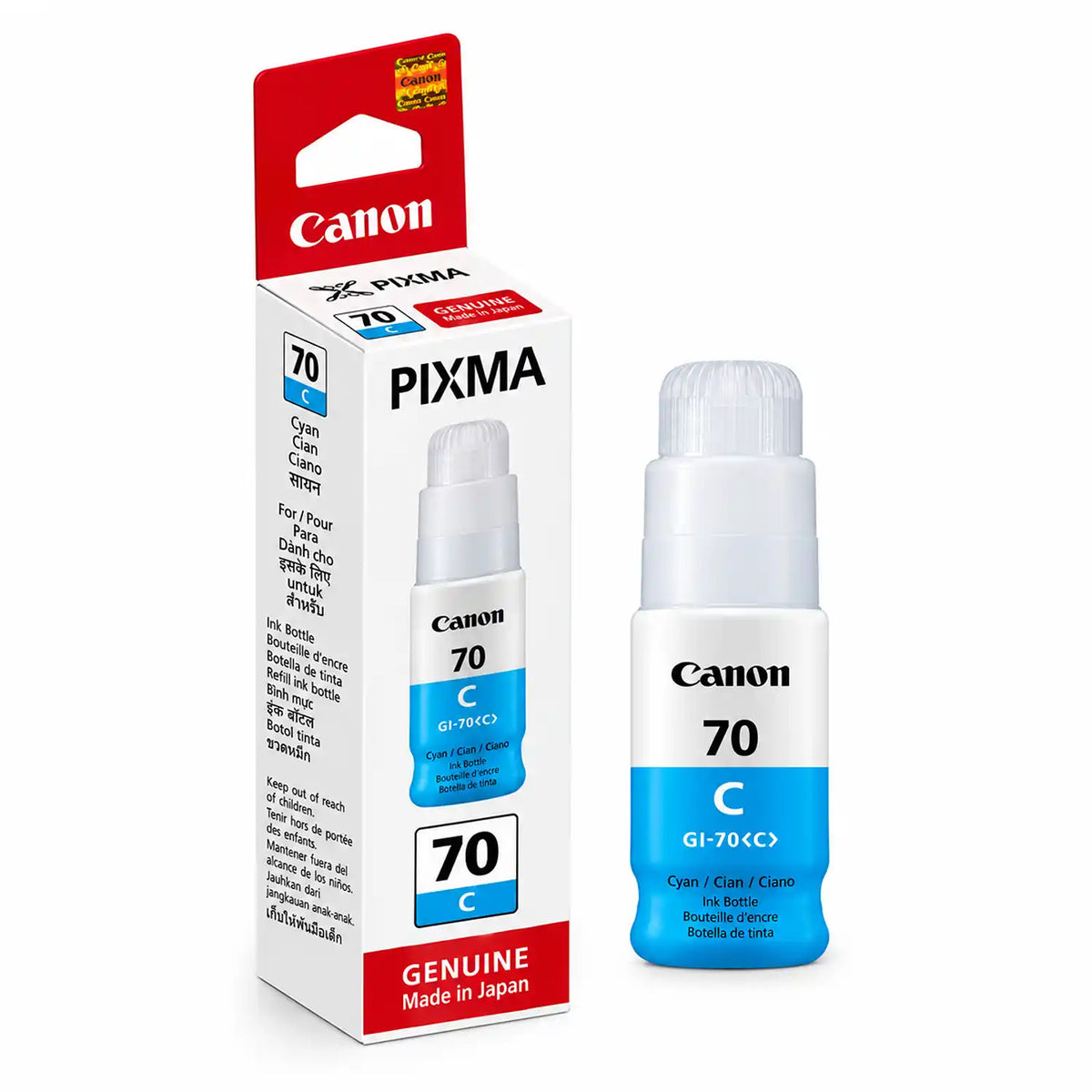 Canon GI-70 Cyan 70ml Original Ink Bottle Standing Beside Retail Packaging Box -tpstech.in