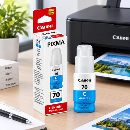 Canon GI-70 Cyan 70ml Original Ink Bottle on Desk Setup Beside Canon PIXMA Printer -tpstech.in