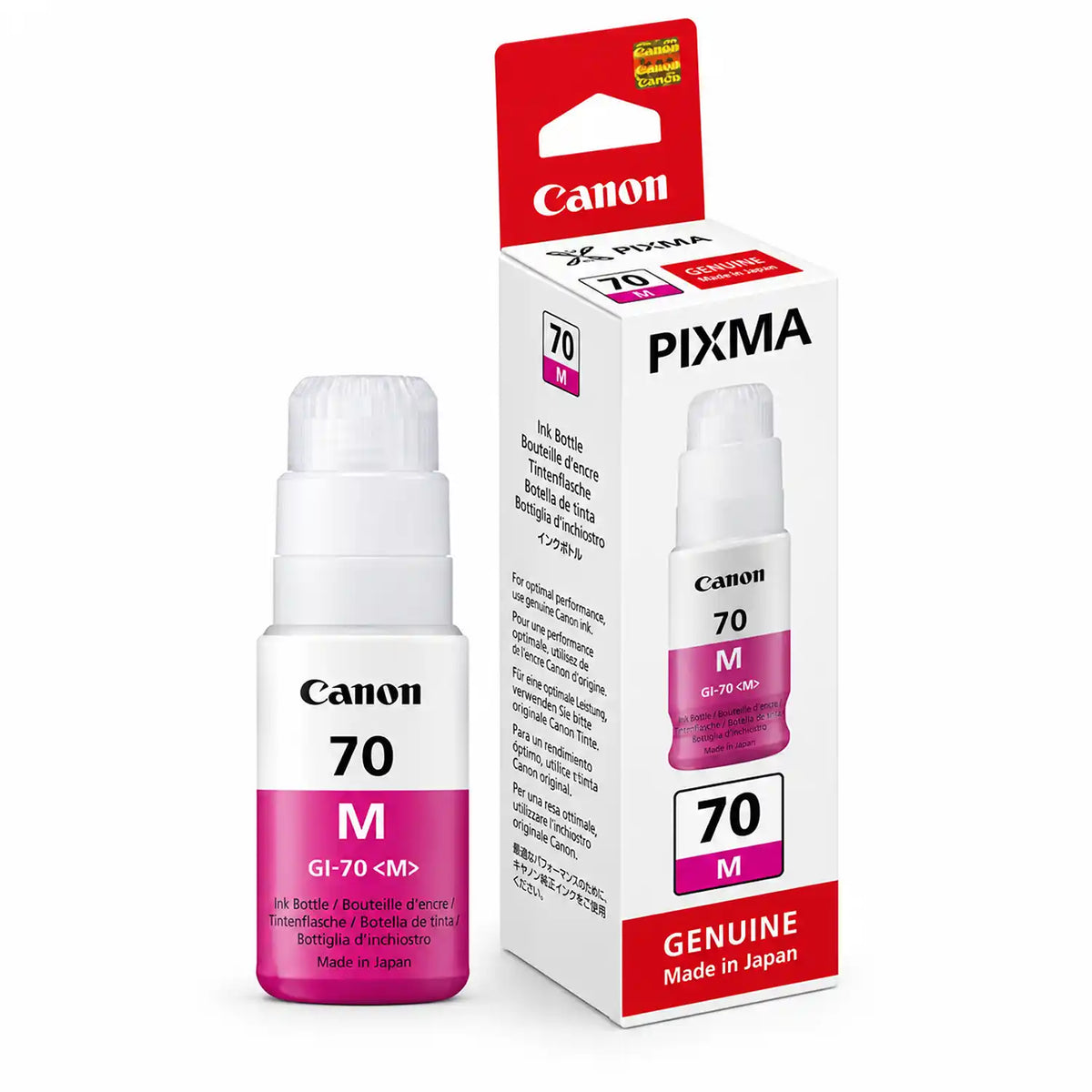 Canon GI-70 Magenta 70ml Original Ink Bottle Standing Beside Retail Packaging Box -tpstech.in