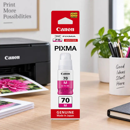 Canon GI-70 Magenta Original Ink Bottle Packaging Box on Desk Setup with Canon Printer -tpstech.in