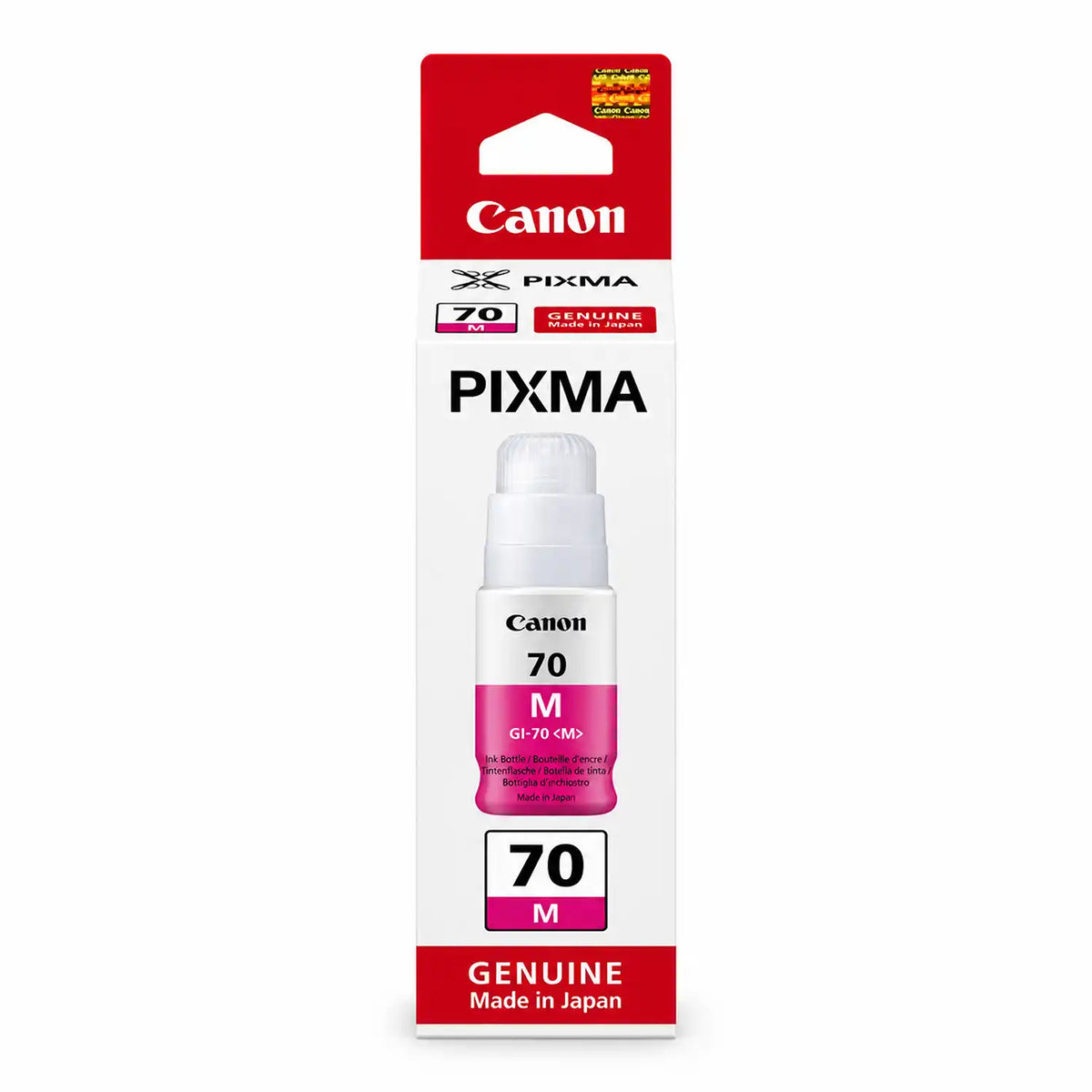 Front View of Canon GI-70 Magenta Original Ink Bottle Retail Packaging Box -tpstech.in