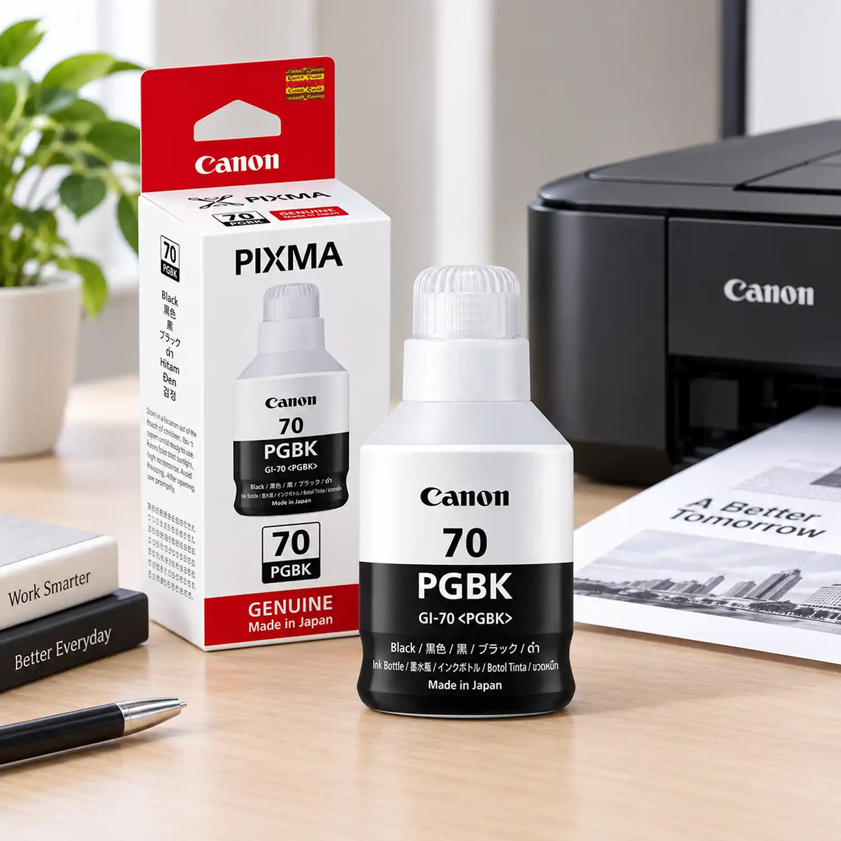 Canon GI-70 Pigment Black Original Ink Bottle on Desk with Canon PIXMA Printer -tpstech.in