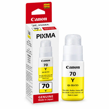 Canon GI-70 Y Yellow 70ml Original Ink Bottle Standing Beside Retail Packaging Box -tpstech.in