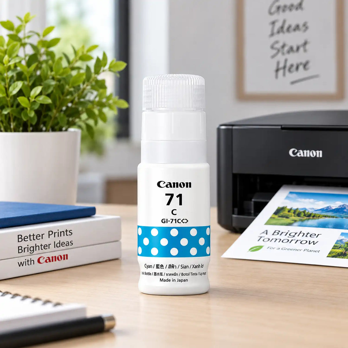 Canon GI-71C Cyan Ink Bottle on Office Desk with Canon PIXMA Printer -tpstech.in