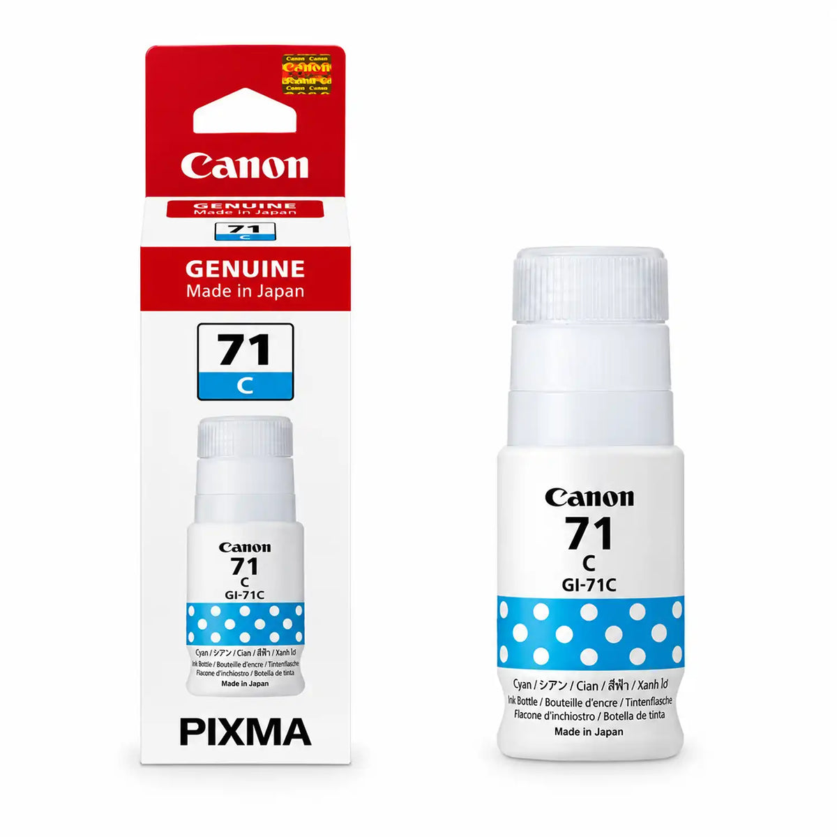 Canon GI-71C Cyan Genuine Ink Bottle Standing Beside Box Packaging -tpstech.in