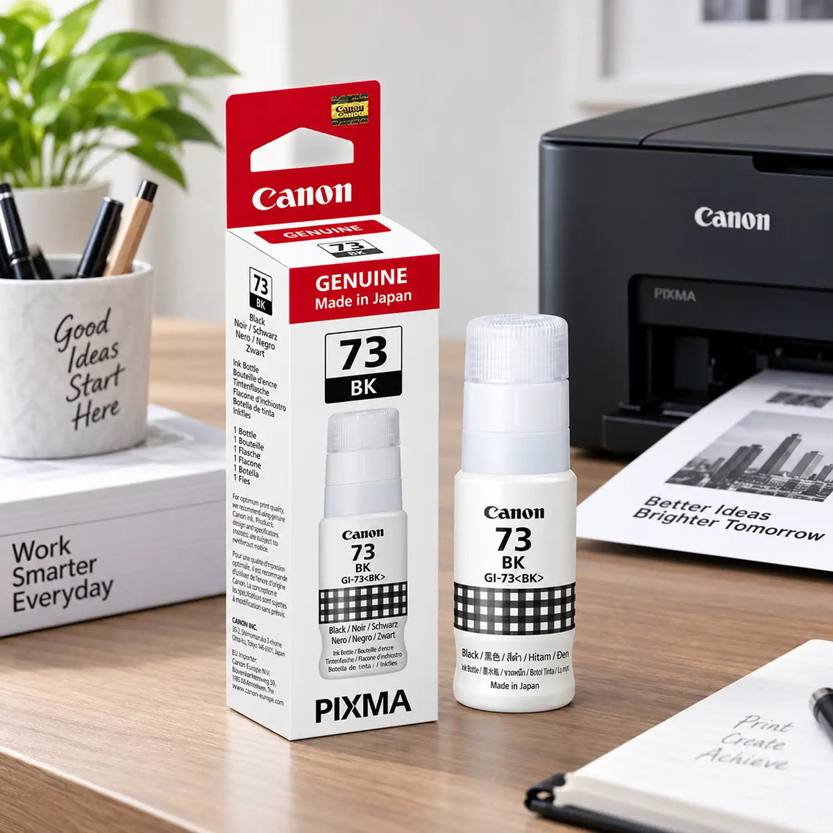 Canon GI-73 BK Black 60ml Original Ink Bottle on Desk with Canon PIXMA Printer -tpstech.in
