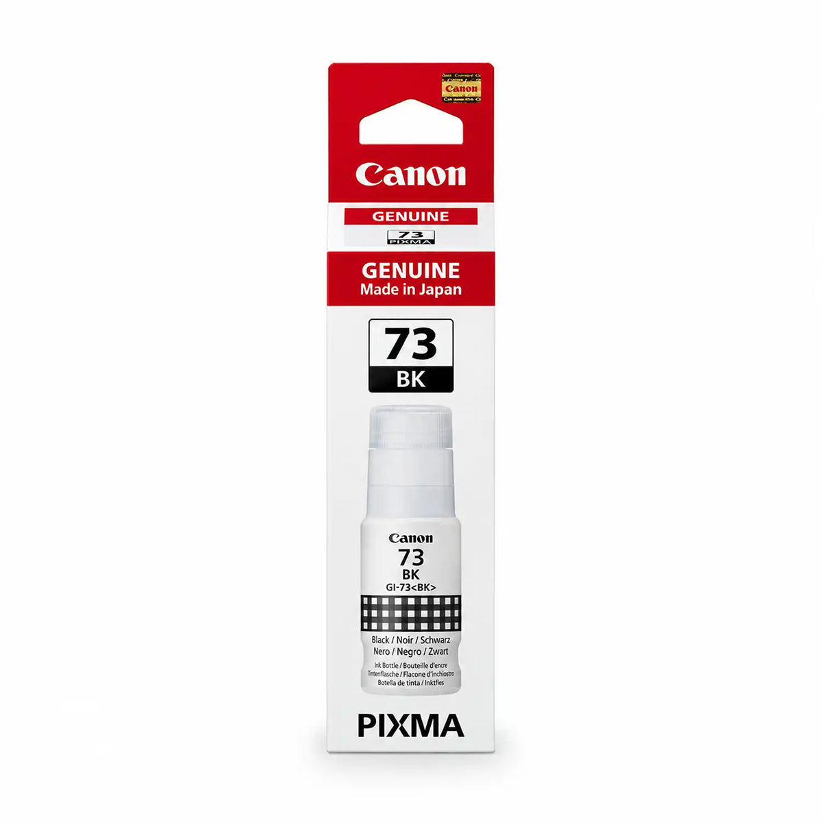 Front View of Canon GI-73 BK Genuine Black Ink Bottle Retail Box -tpstech.in