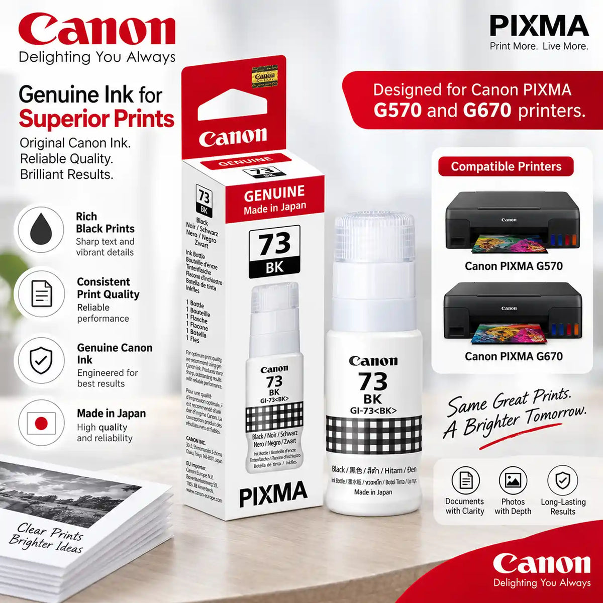 Canon GI-73 BK Black Ink Bottle with PIXMA G570 and G670 Printer Compatibility Infographic -tpstech.in