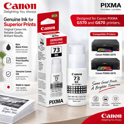Canon GI-73 BK Black Ink Bottle with PIXMA G570 and G670 Printer Compatibility Infographic -tpstech.in