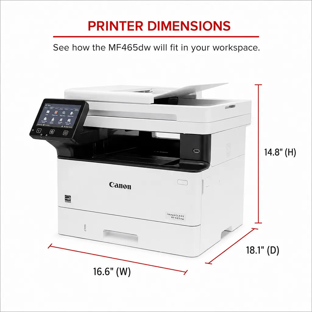 Canon imageCLASS MF465dw printer dimensions showing 16.6-inch width 18.1-inch depth and 14.8-inch height -tpstech.in