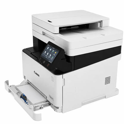 Canon imageCLASS MF643Cdw colour laser multifunction printer shown from rear three-quarter angle with paper tray -tpstech.in