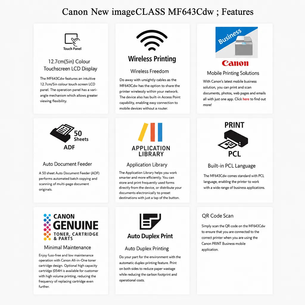 Canon imageCLASS MF643Cdw features including touchscreen, wireless printing, 50-sheet ADF and auto duplex printing -tpstech.in