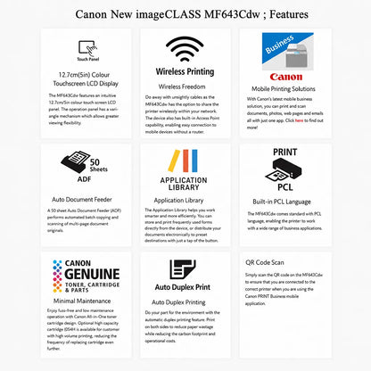 Canon imageCLASS MF643Cdw features including touchscreen, wireless printing, 50-sheet ADF and auto duplex printing -tpstech.in
