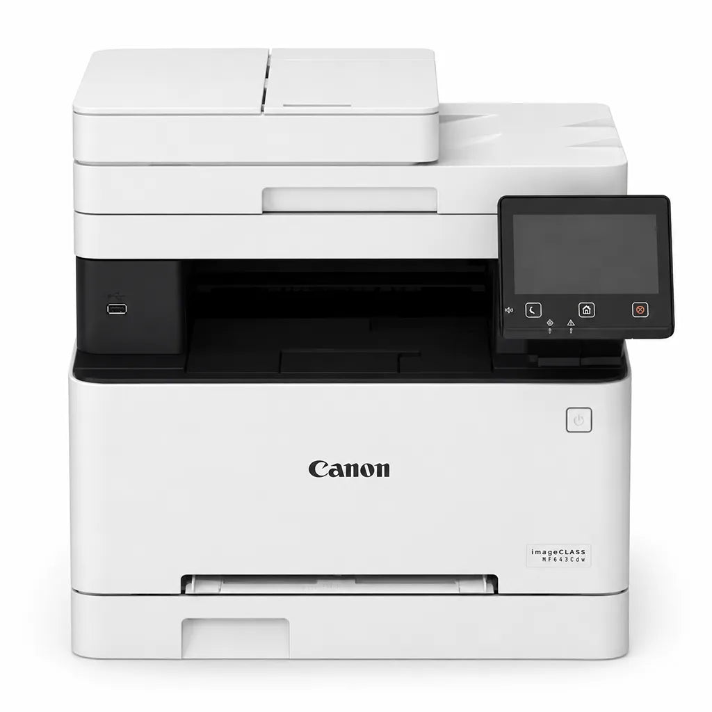 Canon imageCLASS MF643Cdw front view colour laser multifunction printer with touchscreen control panel -tpstech.in