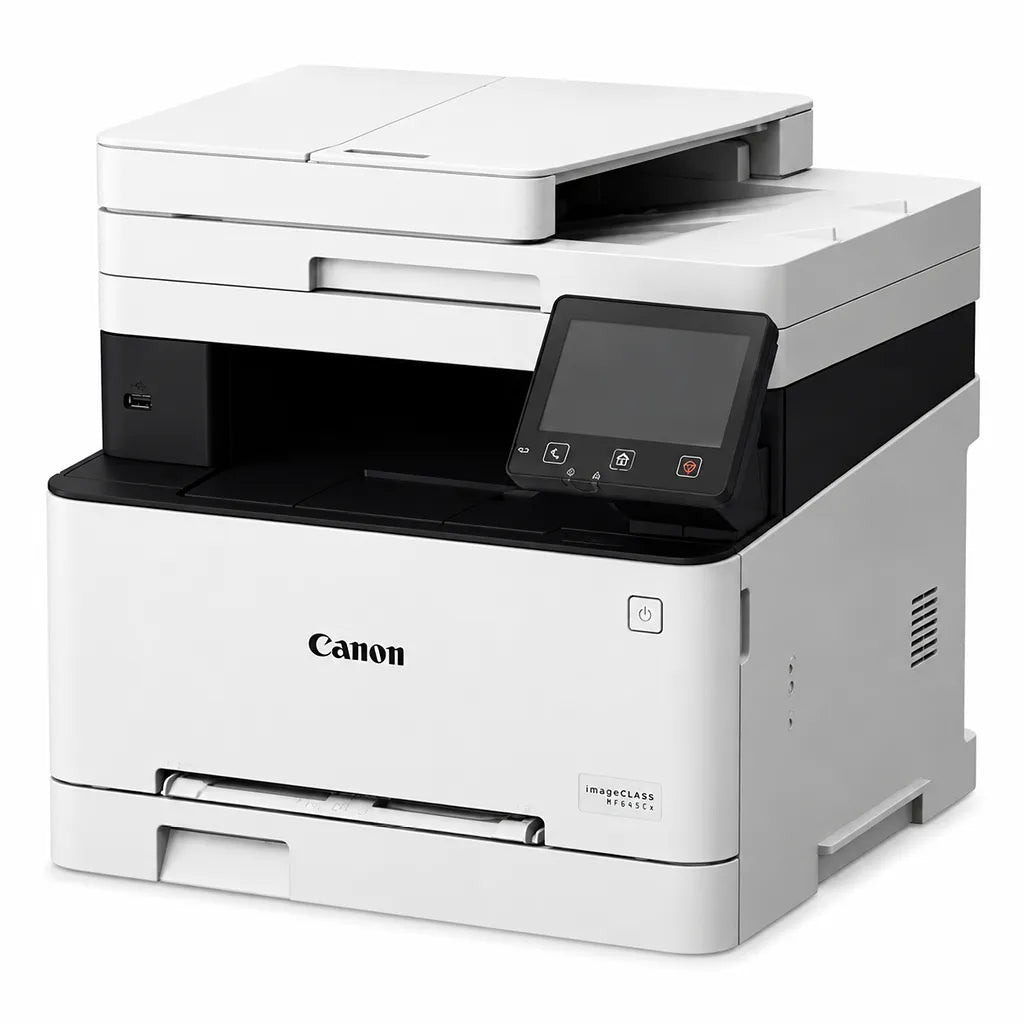 Canon imageCLASS MF645Cx colour laser multifunction printer angled view with touchscreen control panel -tpstech.in