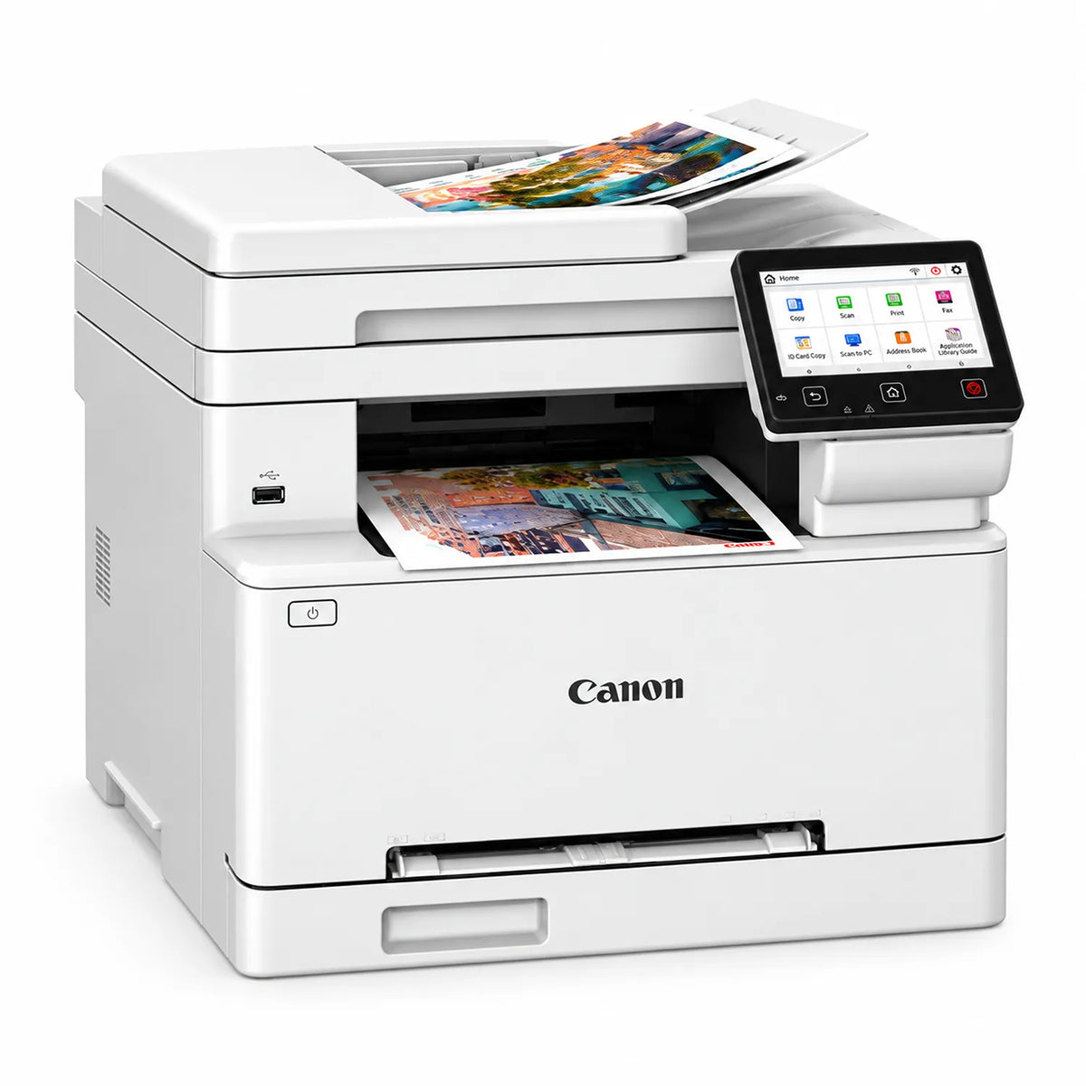 Canon imageCLASS MF664Cdw Colour Laser Multifunction Printer side angle view with ADF tray open and color print output -tpstech.in