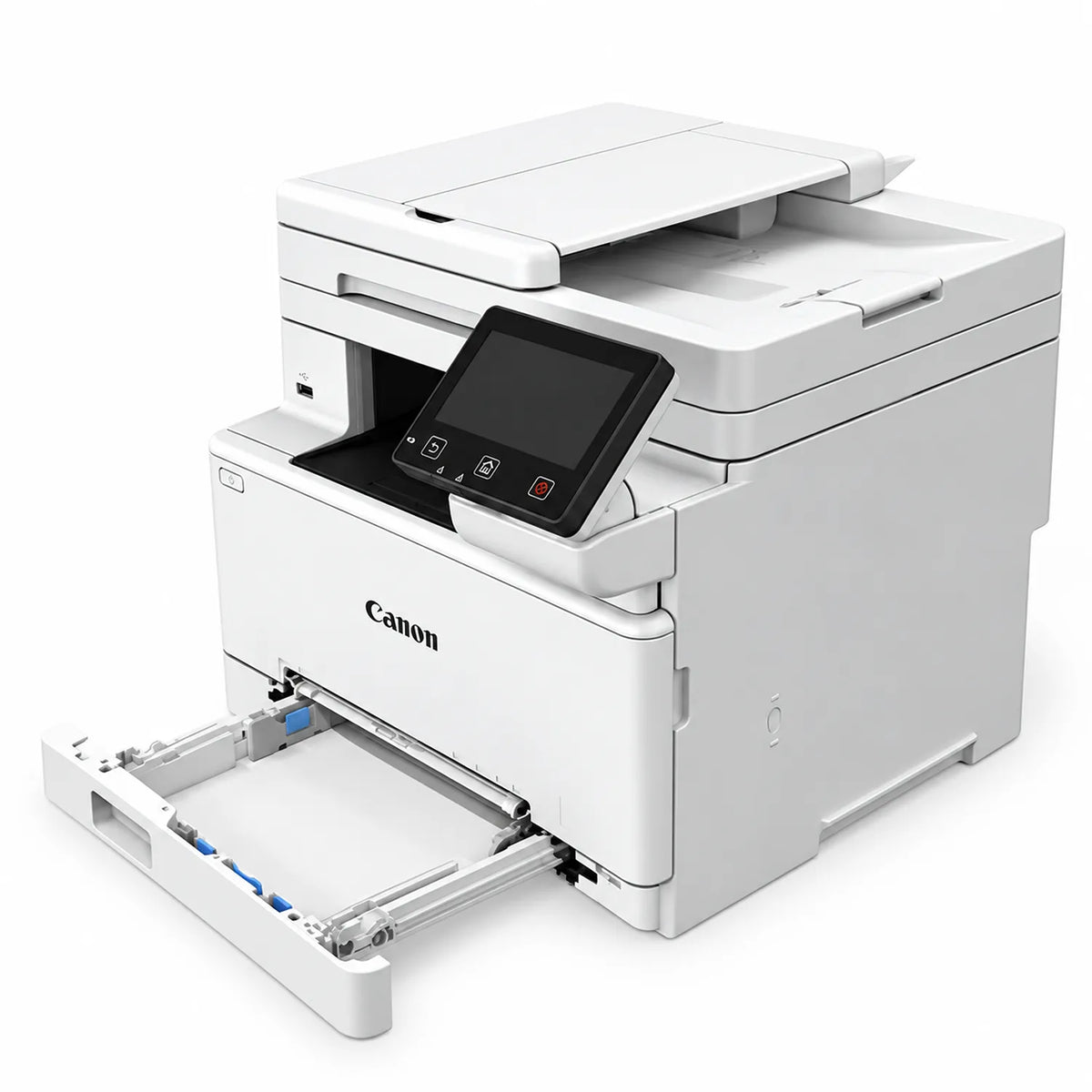Canon imageCLASS MF664Cdw Colour Laser Multifunction Printer side angle view displaying open paper feeder cassette -tpstech.in