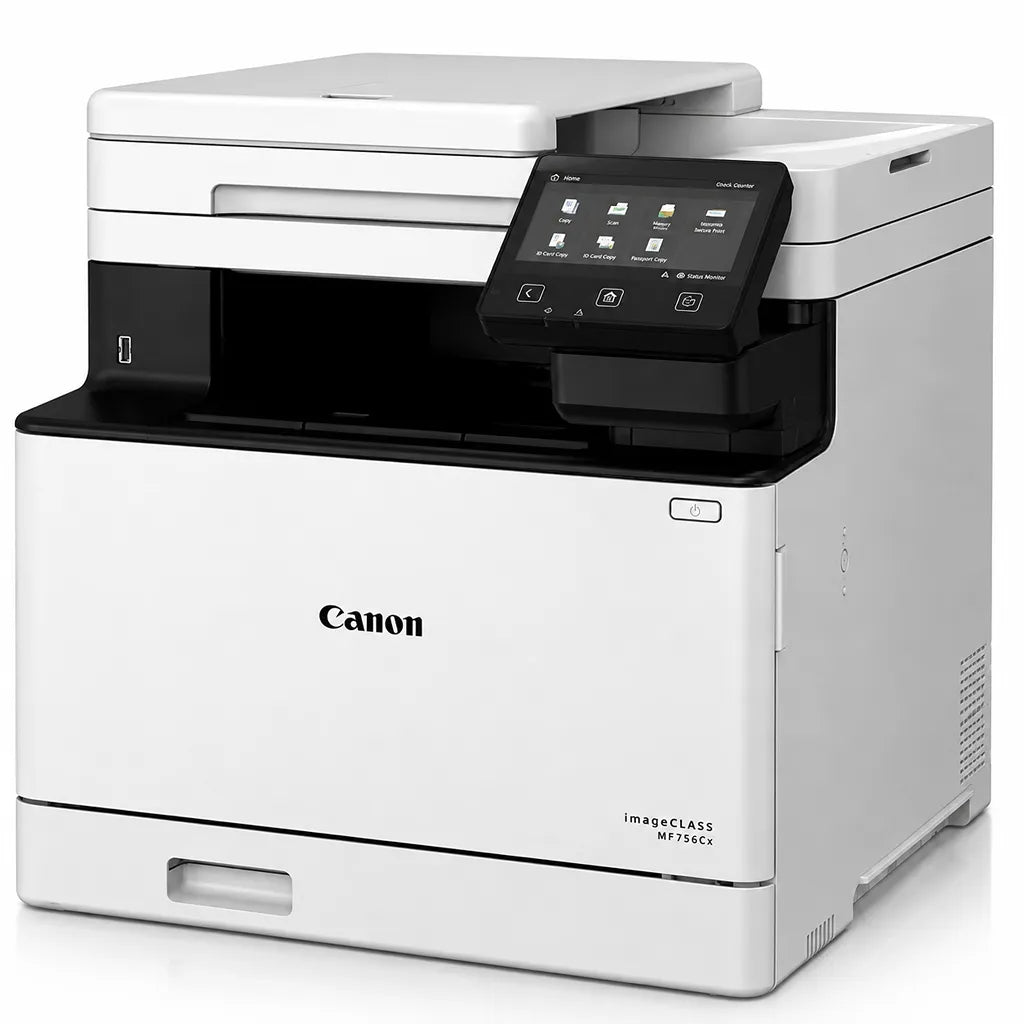 Canon imageCLASS MF756Cx II color laser multifunction printer front angle view with touchscreen and ADF -tpstech.in