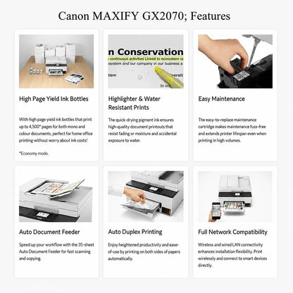 Canon MAXIFY GX2070 printer showing high-yield ink bottles, water-resistant prints, easy maintenance, ADF, auto duplex and network connectivity features -tpstech.in