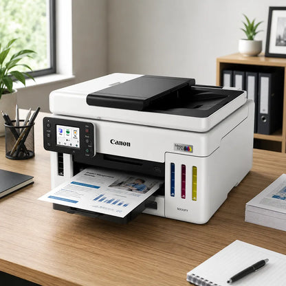 Canon MAXIFY GX6170 wireless multifunction ink tank printer printing documents on office desk -tpstech.in