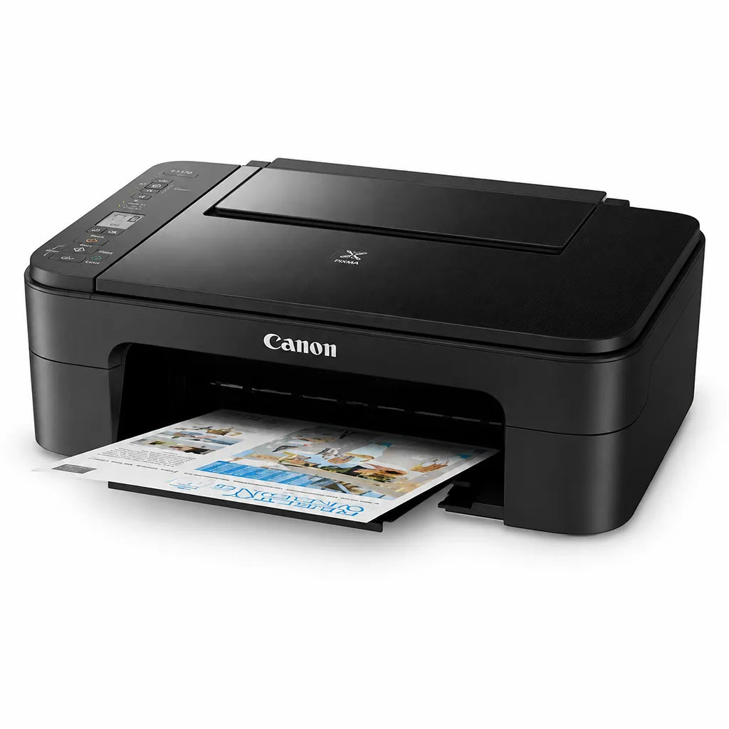 Canon PIXMA E3370 wireless color inkjet printer front view with printed document -tpstech.in