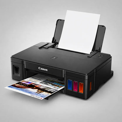 Canon PIXMA G1010 color printer angled view printing a photo with rear paper tray open -tpstech.in