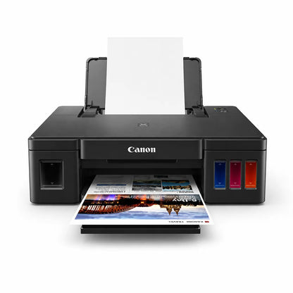 Canon PIXMA G1010 color printer printing a photo with paper tray loaded -tpstech.in
